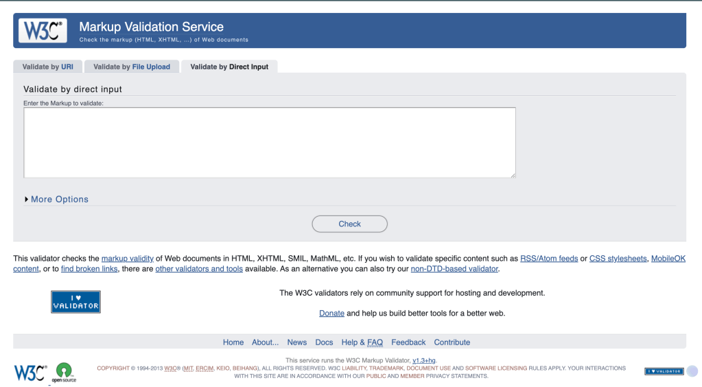 the h.t.m.l. validator website with the validate by direct input tab open and ready for the user to paste in the code from their html file