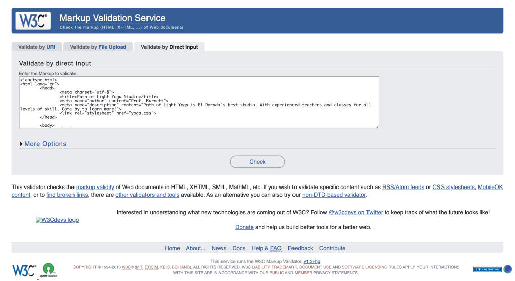 the h.t.m.l. validator website with the validate by direct input tab open and the contents of a file pasted into the text area
